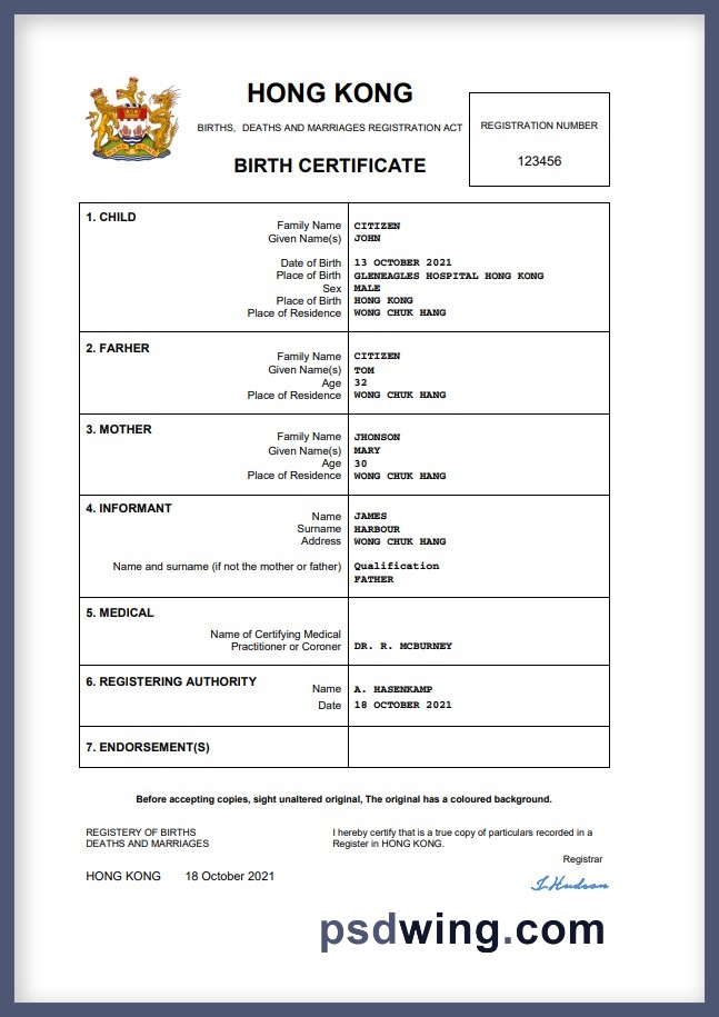 Hong Kong Birth Certificate (Word & PDF)